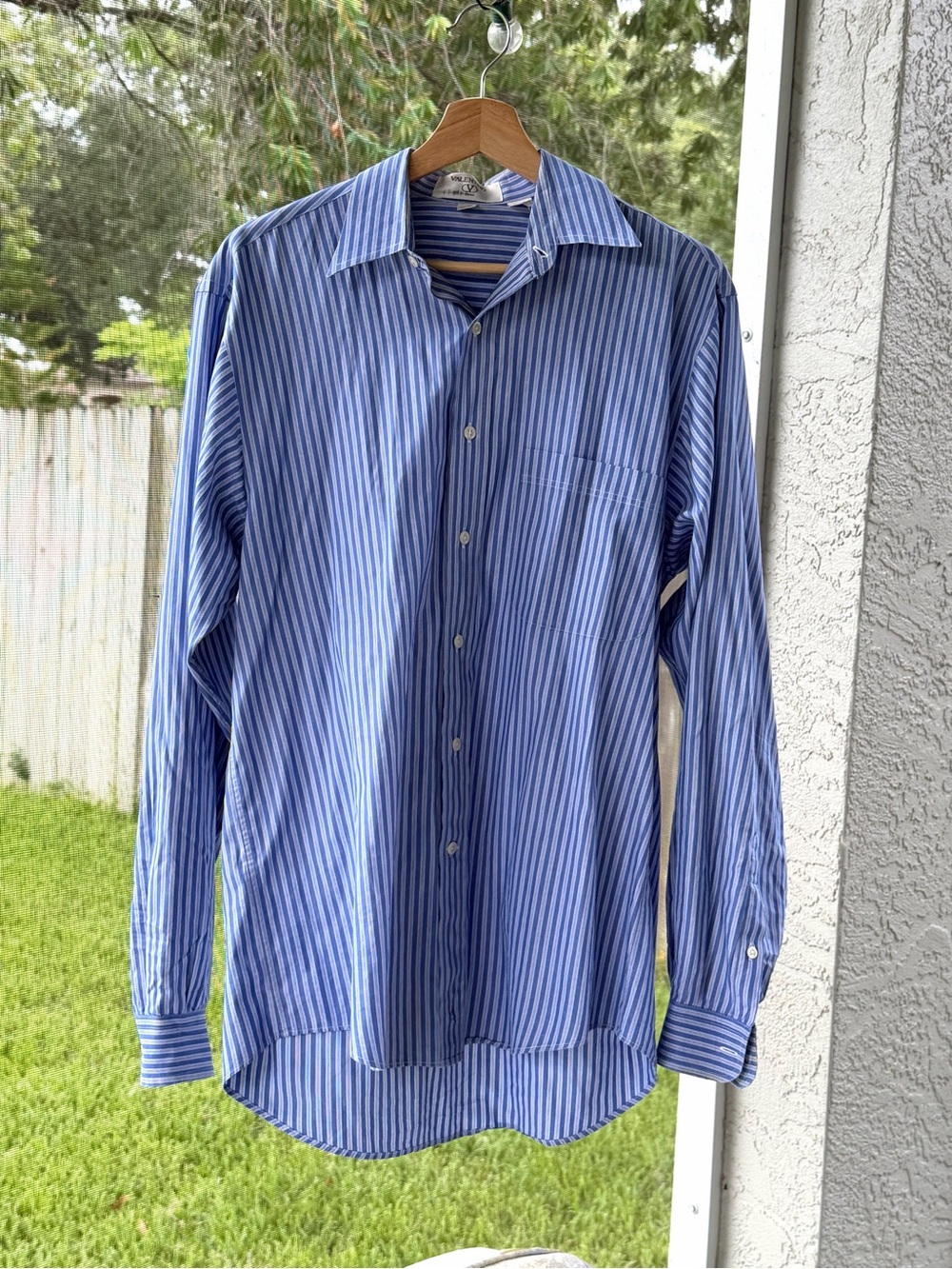Vintage Valentino Uomo Blue White Striped Dress Shirt 100% Cotton 15 34/35